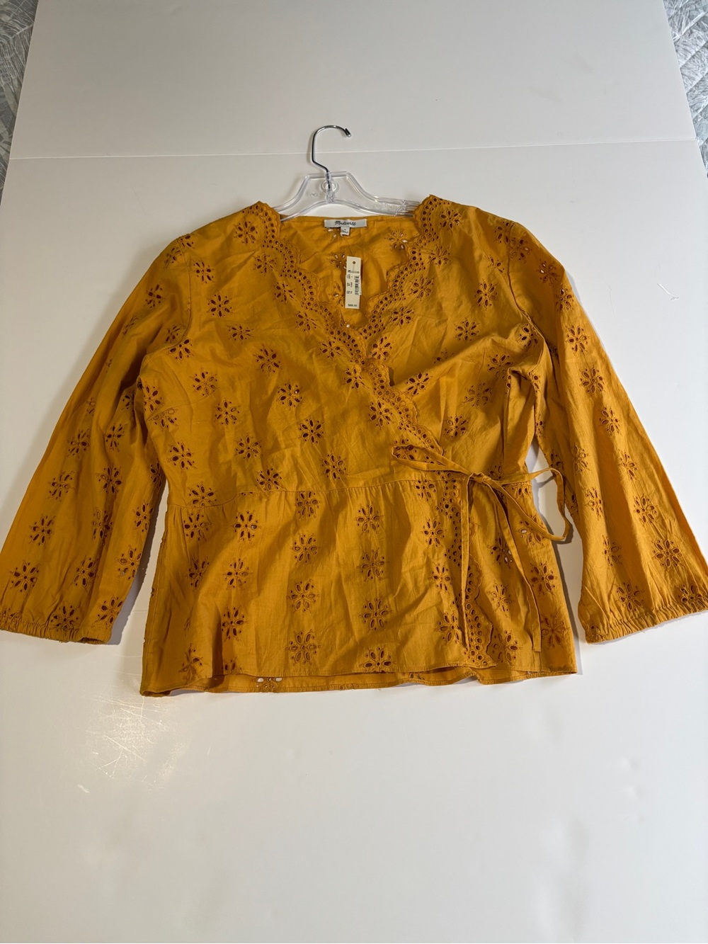 Madewell Scalloped Eyelet Wrap Top Mustard Yellow Peplum Side Tie NWT - Large